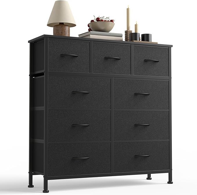 DUMOS 9 Drawer Dresser for Bedroom, Fabric Storage Organizer with Sturdy Metal Frame, Wooden Top Chest of Drawers for Closet Nursery Entryway Guest Room,Matte Black