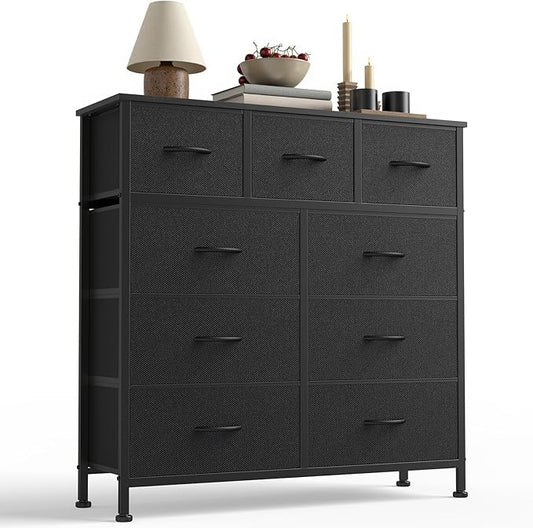 DUMOS 9 Drawer Dresser for Bedroom, Fabric Storage Organizer with Sturdy Metal Frame, Wooden Top Chest of Drawers for Closet Nursery Entryway Guest Room,Matte Black