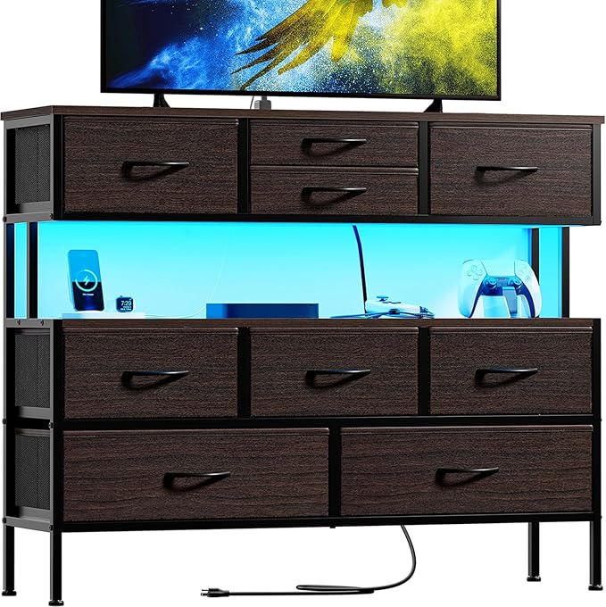 REAHOME Dresser TV Stand with Charging Station and LED Lights, 55” TV Stand Entertainment Center with 9 Drawers, Steel Frame, Large Storage Chest of Drawers for Bedroom, Living Room, Brown