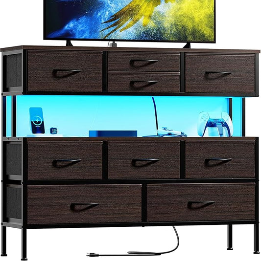 REAHOME Dresser TV Stand with Charging Station and LED Lights, 55” TV Stand Entertainment Center with 9 Drawers, Steel Frame, Large Storage Chest of Drawers for Bedroom, Living Room, Brown