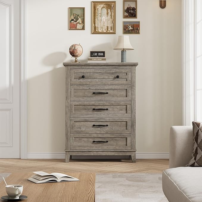 GarveeHome 5 Dresser for Bedroom, 41.3" Tall Vertical Drawer Dresser with Large Storage, Freestanding Wooden Closet Chest for Bedroom, Living Room, Grey