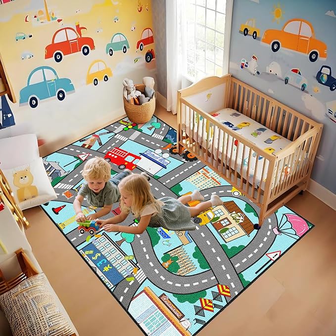 Car Rugs for Kids Toy Cars - Kids Caepet for Playroom 2'5''×4' Car Track Rug City Life Road Rug for Playroom Living Room Bedroom Classroom Decor