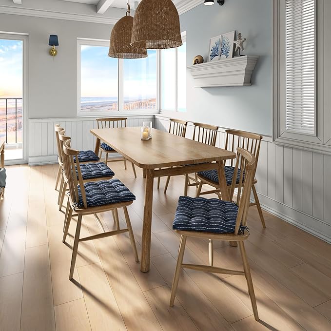 Barnett Home Decor Avante Navy Blue Dining Chair Cushions - 16.5 x 18 Size Medium Chair Pad - Latex Foam Fill - Reversible - Made in USA (Dark Blue & White Stripe)