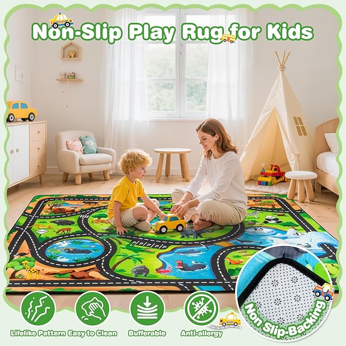 Kids Rug, 4x6 Ft Animal Car Rugs for Kids Toy Cars, Extra Thick (0.4in) - Non-Slip Zoo Road Mat Carpet for Playroom & Bedroom, Educational Learning & Game Area