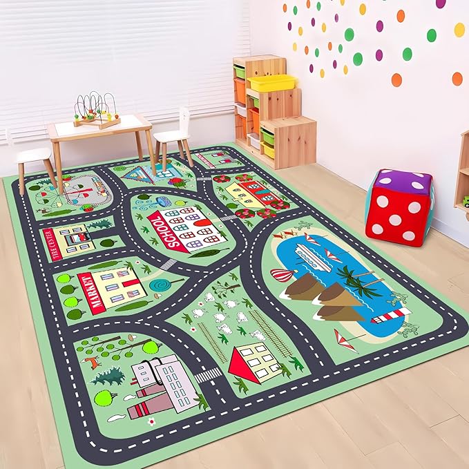 Kids Playmat Car Rug, Kids Play Rugs Town City Road Map Rug, Large Educational Car Mat, Boys Track Play Mat, Kid Rugs for Playroom Bedroom Living Room (Style 2, 78.7X 59 INCH)