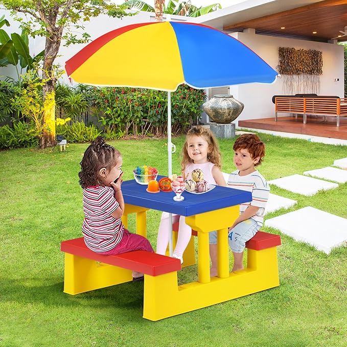 Kids Picnic Table, Toddler Picnic Table with Removable & Foldable Umbrella, Plastic Children Patio Furniture for Garden Backyard, Kids Outdoor Table, Multicolored