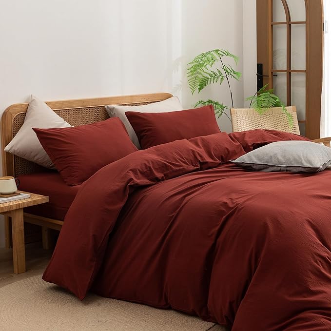 BESTOUCH Duvet Cover Set 100% Washed Cotton Linen Feel Super Soft Comfortable Chic Lightweight 3 PCs Home Bedding Set Solid Fired Brick Red Oversized Queen