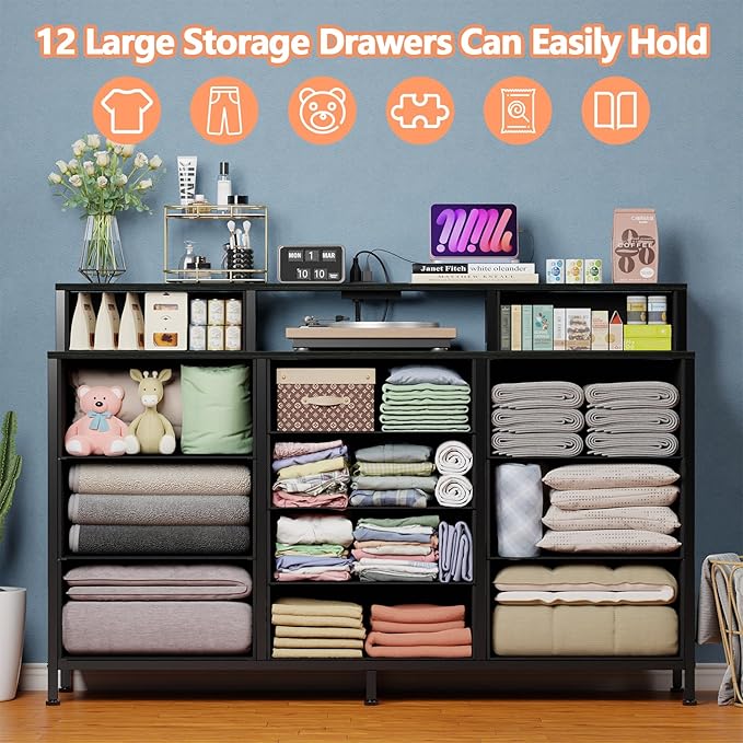 Furnulem 55" W Dresser for Bedroom with LED Lights and Power Outlets,Black Large 12 Storage Drawers Long Fabric Chests Dressers with 2 Shelves for Closet,Living Room,Entryway,Wooden Top,Metal Frame