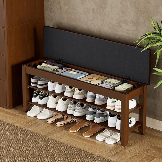 Shoe Rack Bench with Flip-Top Storage, Solid Wood Entryway Bench with Cushion, Adjustable Shelf, for Hallway, Mudroom, Closet – Walnut, 39.4"