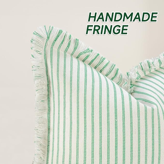 ZWJD Throw Pillow Covers 18x18 Set of 2 Green Striped Pillow Covers with Fringe Chic Cotton Decorative Pillows Square Cushion Covers for Sofa Couch Bed Living Room Farmhouse Spring Decor