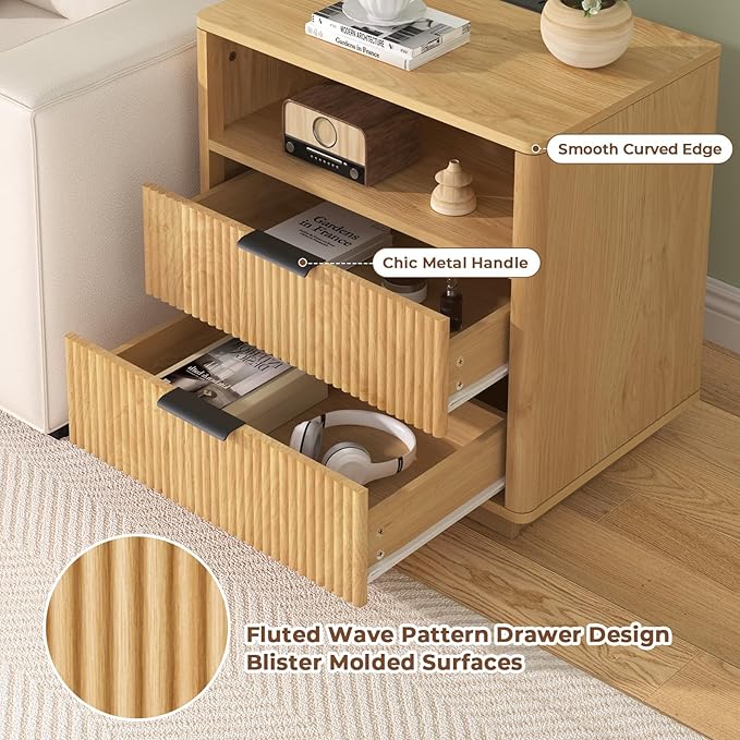 Hommpa 24'' Fluted Nightstand Set of 2 with Charging Station, Modern Bedside Table with Storage, 2 Drawer Beside End Table with Open Shelf, Mid Century Modern Wood Night Stand for Bedroom, Living Room