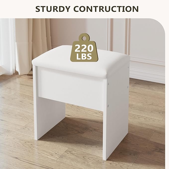Small Makeup Vanity Stool,15.7" W x 10.2" D x 16.7" H，White（Easy Assembly,PU Cushion Mat, Footstool）