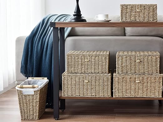 StorageWorks Seagrass Waste Basket for Living Room, Wicker Trash Can with Wooden Handles for Bedroom, Bathroom Trash Can, 12 Liter, 1 Pack