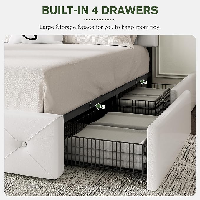 MUTICOR Queen Size Bed Frame with 4 Storage Drawers, Upholstered Platform Bed with Button Tufted Adjustable Headboard, No Box Spring Needed, Easy Assembly, Diamond Tufted, White Leather