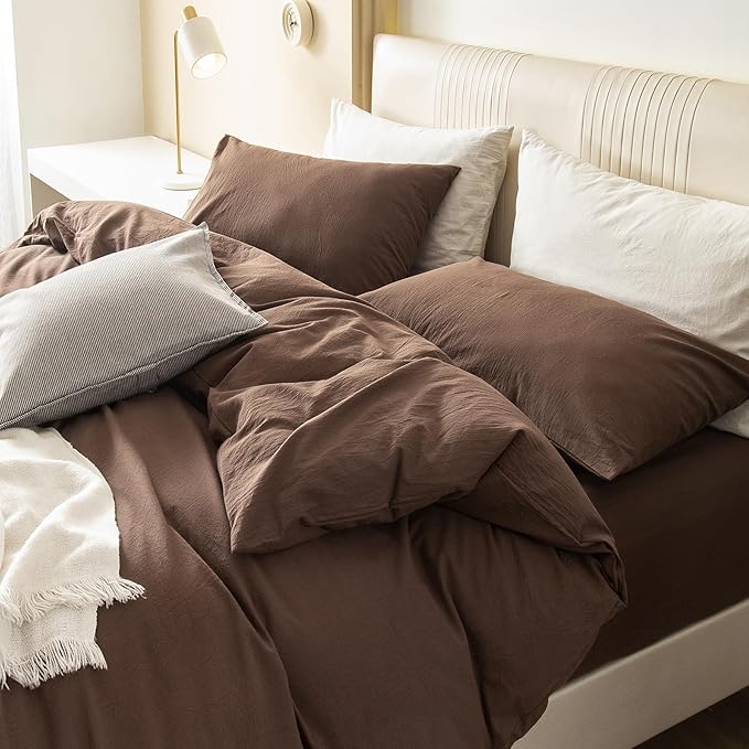 JIYUAN 100% Washed Cotton Duvet Cover Set 3 Pieces Super King, 1 Duvet Cover 108x98 Inches(Comforter Not Included) and 2 Pillowcases,Linen Feel Bedding Set Comfy and Breathable,Chocolate Brown