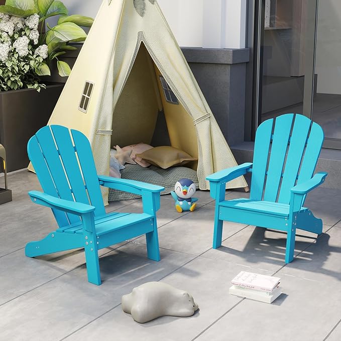 Giantex HDPE Kids Adirondack Chair - All-Weather Lawn Toddler Chair with Ergonomic Design, Children’s Outdoor Chair for Toddlers Ages 3-8, Kid’s Patio Furniture for Deck, Garden (1, Turquoise)