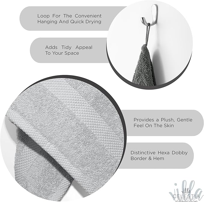 100% Combed Cotton Bathroom Towel Set of 8- 2 Bath Towels, 2 Hand Towels, 4 Wash Cloths, Sustainable, Soft, Highly Absorbent 8 Piece Cotton Bath Towel Set Ideal for Hotels, Spa, Bathroom, Dorm, Silver