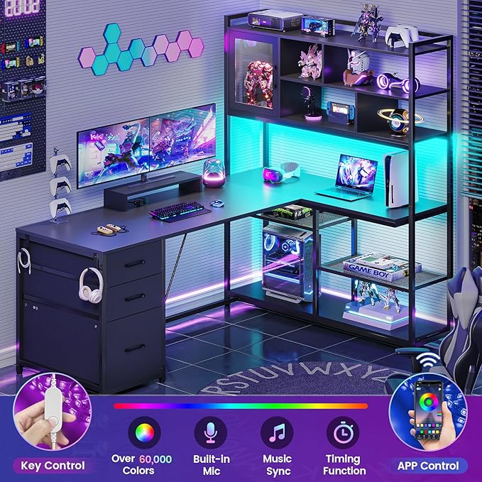 SEDETA L Shaped Computer Desk, 58'' Office Desk with 3 Drawers and Bookshelf, L Shaped Corner Desk with Storage Shelves and LED Light for Home Office, Gaming Desk, L Desk, Black