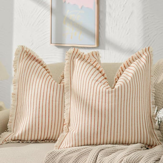 ZWJD Fall Pillow Covers 18x18 Set of 2 Striped Pillow Covers with Fringe Chic Cotton Decorative Pillows Square Cushion Covers for Sofa Couch Bed Living Room Farmhouse Fall Decor