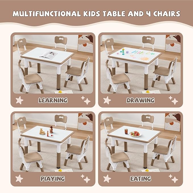 Adjustable Kids Table Chairs Set – Graffiti Desktop, Multi-Activity Height-Adjustable Toddler Study Desk for Ages 3-8 – Ideal for Home, Classroom, Daycare (B-Darkbrown, 4 Chairs-31.5" L x 23.6" W)