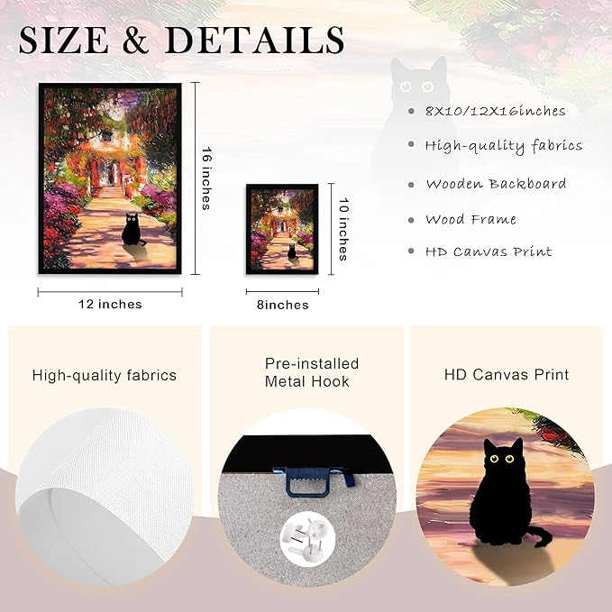 Krtoni Framed Vintage Monet Garden Cat Canvas Wall Art, Famous Oil Paintings Monet Flowers Black Cat Wall Decor, Cute Kitten Lovers Aesthetic Print For Farmhouse Gallery Bedroom Bathroom 16''L x 12''W