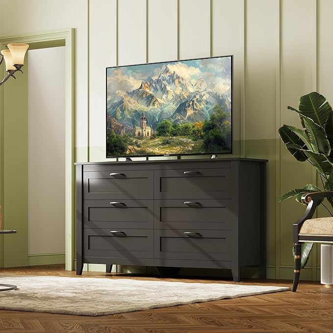 WLIVE Black Dresser for Bedroom, 6 Drawer Wood Dresser with Metal Handle, Large Double Wooden Chest of Drawers for Living Room, Hallway, Closet