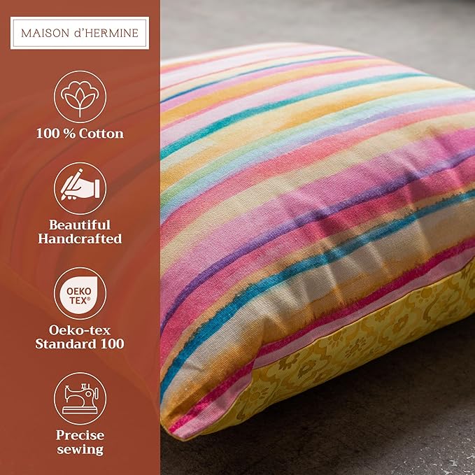 Maison d' Hermine Decorative Pillow Covers 20x20 Inch Square 100% Cotton Throw Pillow Covers with Invisible Zipper for Living Room Couch, Chair, Sofas, Bedroom, Home (Hesperides - Bayadere)