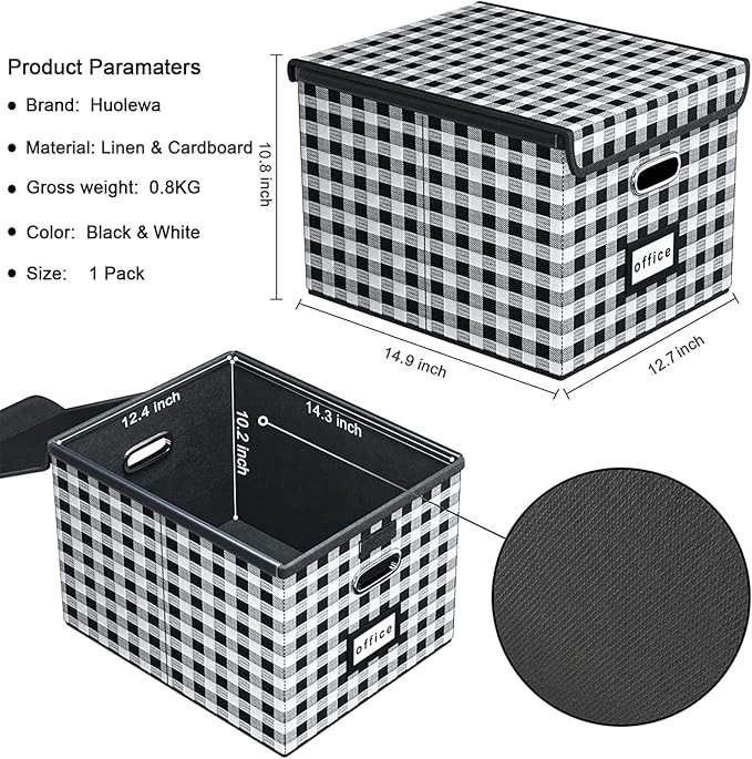 Huolewa Collapsible File Storage Organizer Box with Lid, Lattice Linen Office Document Storage, Universal Hanging Filing Organization Box for Letter/Legal Folder, Decorative Home File Bin