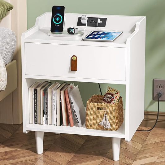 White Nightstand with Charging Station, Night Stand with Drawer and Leather Pull, Modern Bedside Table with Raised Edges& Wood Feet, Bed Side Table Bedroom End Table