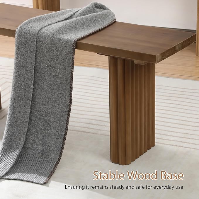 Solid Wood Entryway Bench - 51.2" Fluted Farmhouse Bench, Indoor Long Dining Benches Seat Narrow End of Bed Benches for Entry Way, Kitchen, Living Room and Bedroom, Brown