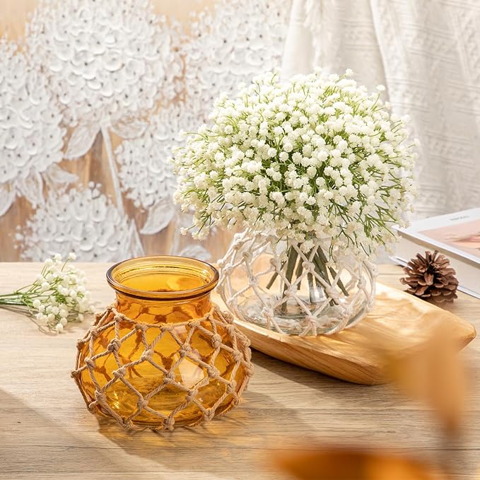 Hollyone Amber Glass Vase with Cotton Rope Cover Woven Round Glass Vase Decorative Flower Bottle Modern Vase for Table Centerpiece Farmhouse Wedding Home Decor