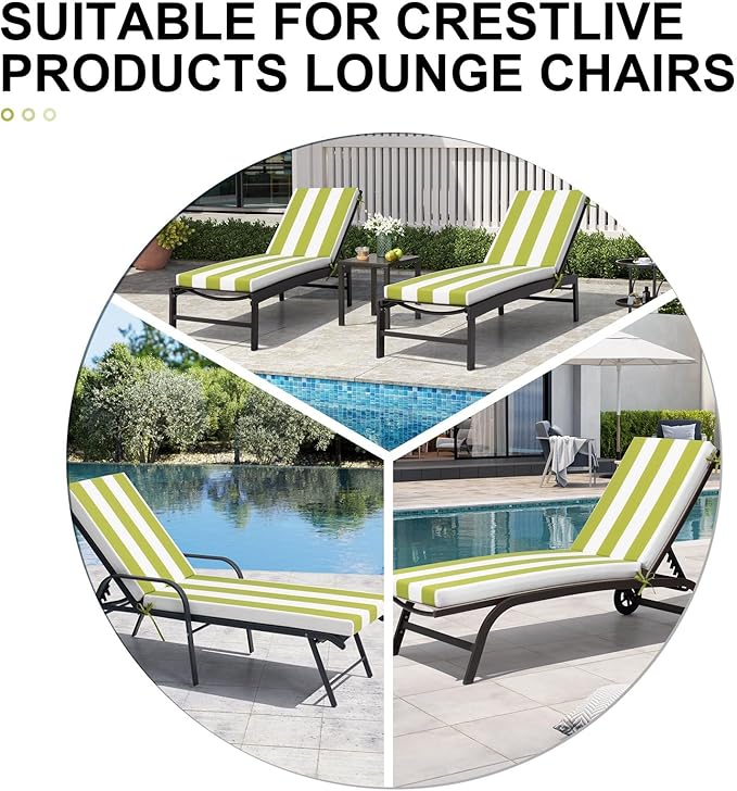 Crestlive Products Chaise Lounge Cushions Set of 2, Outdoor Cushions for Patio Furniture, Water Resistant Lounge Chair Cushion for Pool, Deck, Lawn, 72''L x 21''W, Green White Stripe