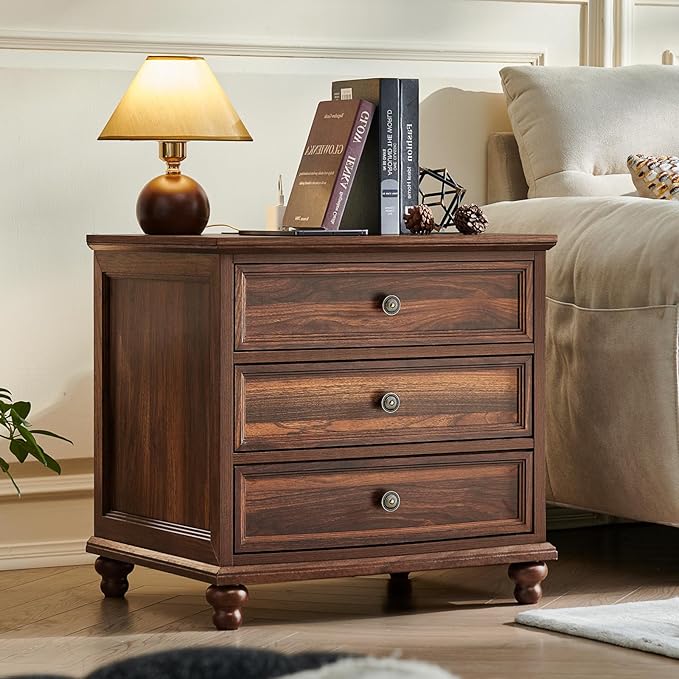 Farmhouse Nightstand with Charging Station, 24" Wide End Table with 3 Drawers,Brown Wood Dresser for Bedroom, Bed Side Table Chest of Drawers Cabinet,Night Stand for Living Room, Closet