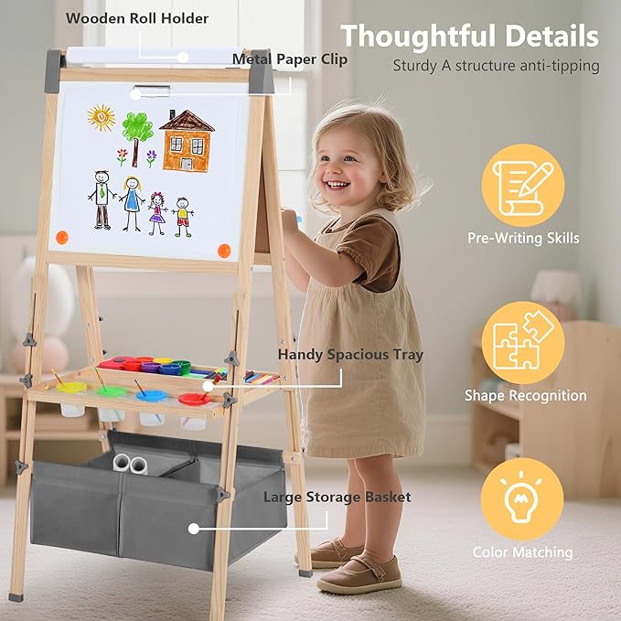Kinder King 3 in 1 Wooden Kids Easel, Adjustable Double-Sided Art Easel for Kids, Magnetic Whiteboard & Chalkboard, Paper Roller, Art Supplies, Painting Drawing Easel Toddler Gift Ages 3+, Grey