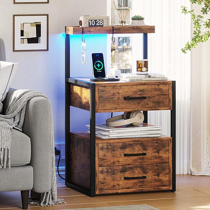 Nightstand with Charging Station and LED Lights, LED Night Stand with 2 USB Ports and 2 AC Outlets, Modern End Table with 3 Drawers, Bedside Table with Open Storage for Bedroom, Rustic Brown