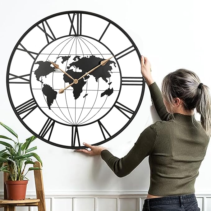 36 Inch Extra Large World Map Wall Clock,Metal Minimalist Modern Silent Non-Ticking Battery Operated Round Clock for Living Room, Bedroom, Office, Kitchen, Black Roman Numerals