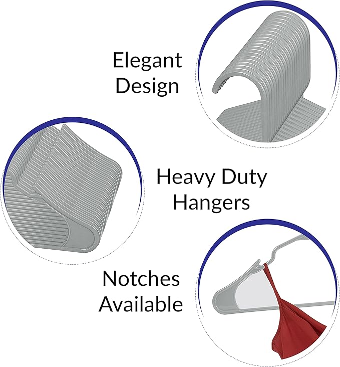 Royale Linens 40 Pack Grey Plastic Hangers for Clothes - Heavy Duty Clothes Hanger for Everyday Use - Lightweight & Space Saving Notched Plastic Hangers