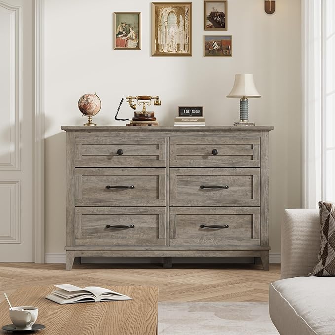 GarveeHome 6 Dresser for Bedroom, 47" Wide Drawer Dresser with Storage Freestanding, Wooden Closet Storage Chest for Living Room, Bedroom, Entryway, Grey