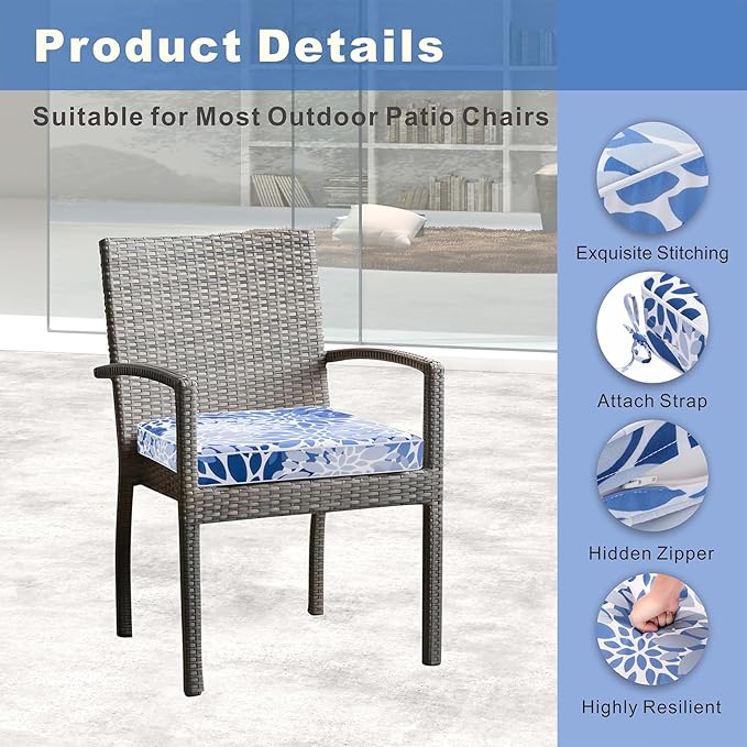 Outdoor Chair Cushions 19 x 19 Inch Set of 4 Water Resistant Seat Cushions with Ties, Outdoor Cushions for Patio Furniture with 3-Year Fade Resistant