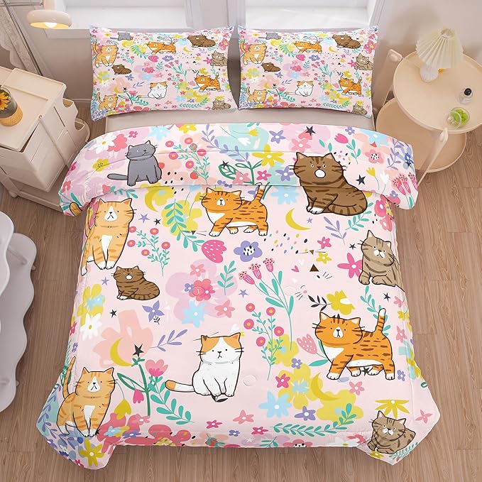 Tailor Shop Cat Girls Comforter Sets Full Size,Pink Cat Bedding Sets for Kids Teens with 2 Pillowcase…