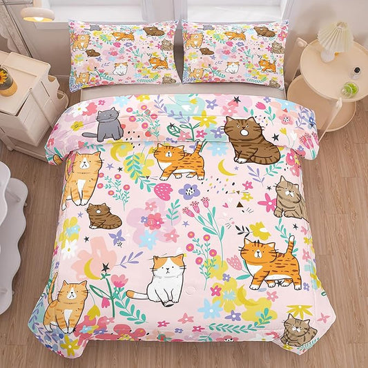 Tailor Shop Cat Girls Comforter Sets Full Size,Pink Cat Bedding Sets for Kids Teens with 2 Pillowcase…