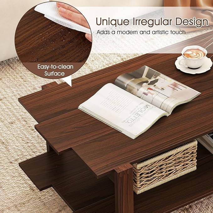 GOFLAME Wood Coffee Table with Storage, 2-Tier Irregular Center Table with Open Storage Shelf, Modern Accent Tea Table for Living Room, Home Office, Reception Room (Walnut)