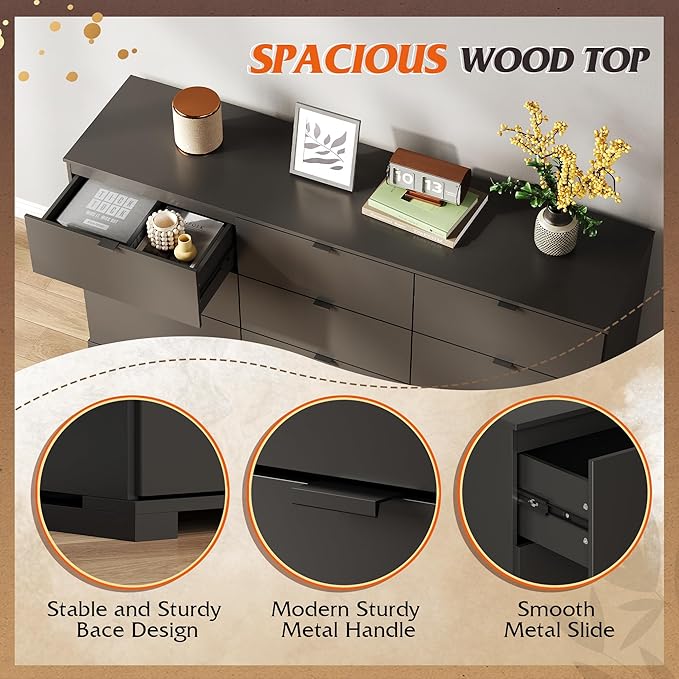 WLIVE 9 Drawer Dresser for Bedroom, 63" Wide Black Drawers Large Wood Chest of Drawers Organize with Sturdy Metal Handle, Modern Dresser for TV Stand, Living Room Office, Hallway, Ball Bearing Slide