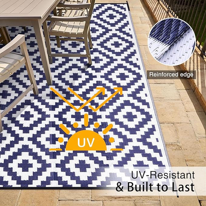 OLANLY Waterproof Outdoor Rug 8x10 ft, Outdoor Plastic Straw Rug for Camping, RV Mat Outside, Indoor Outdoor Carpet for Porch, Deck, Backyard, Balcony, Picnic, Navy & White