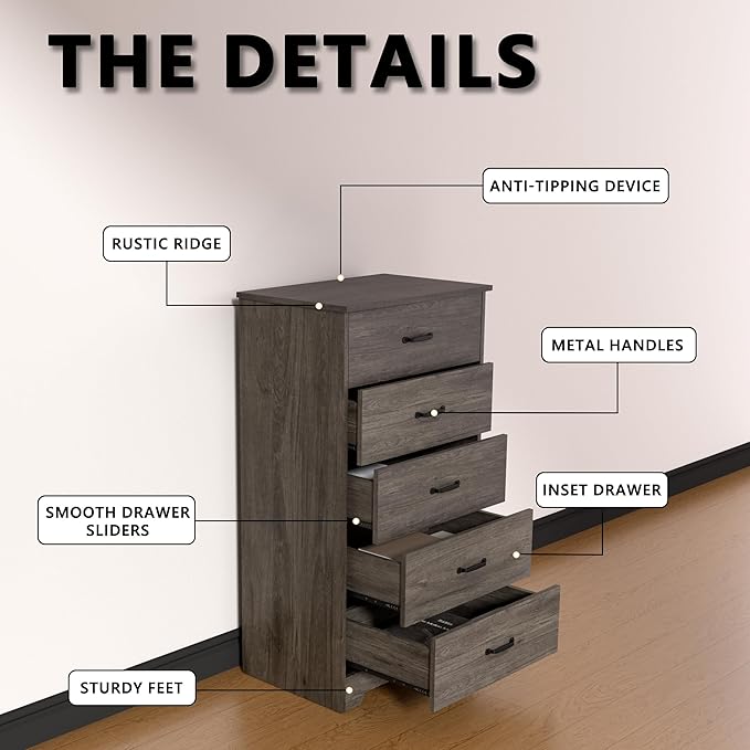Farmhouse 5 Drawer Dresser, Small Wooden Chest of Drawers Classic White Dresser for Bedroom Living Room Entryway (Dark Gray, 5 Drawer)