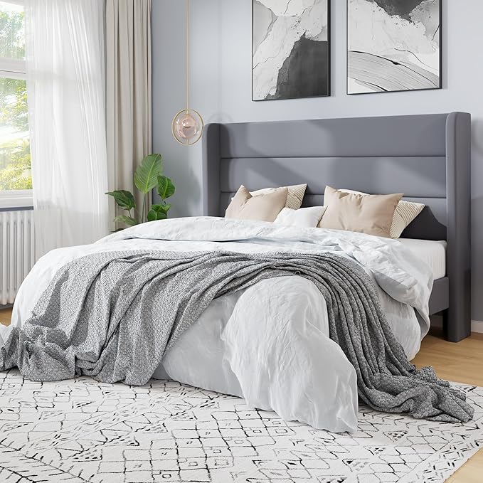 SHA CERLIN Full Size Velvet Bed Frame/Vertical Channel Tufted Wingback Headboard/Upholstered Platform Bed with Wooden Slats/Mattress Foundation/No Box Spring Needed/Easy Assembly/Grey