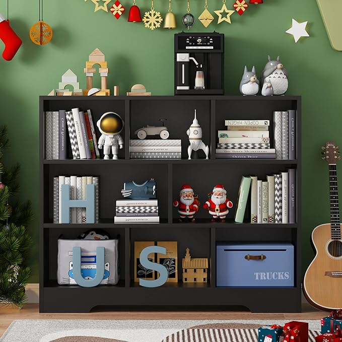 Kids Book Shelf Set of 2, 8 Cubes Storage Organizer Montessori Shelf, 3-Tier Wooden Kids Bookcase, Toy Storage Organizer for Children, Black Toddler Bookshelf Cube Shelf for Kid’s Room, Classroom