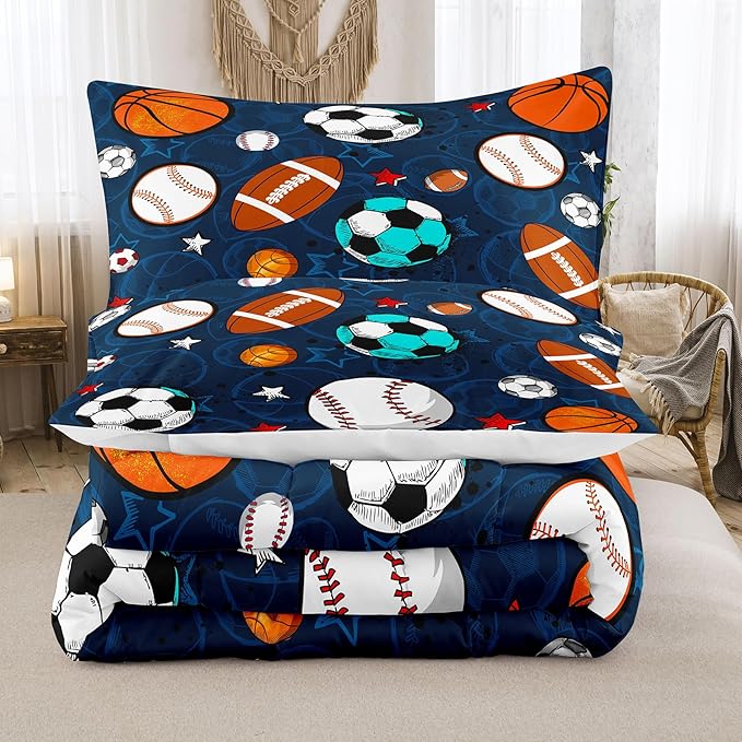 Tailor Shop Sports Boys Comforter Sets Queen Size,Sports Bedding Sets for Boys Kids Teens Football Basketball Baseball Ball with 2 Pillowcase……