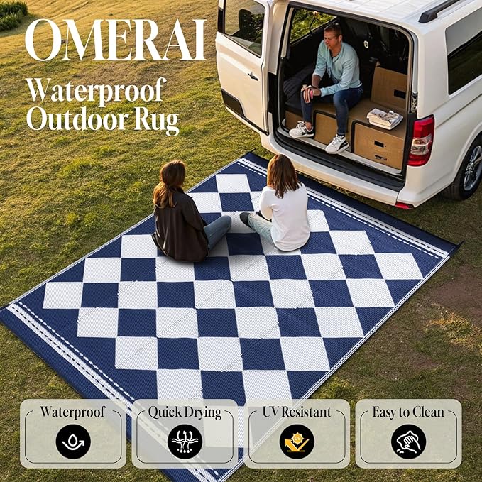 OMERAI Reversible Waterproof Outdoor Rug for Backyard,Plastic Textured Resistant Outdoors Rugs,Portable Washable Easy Cleaning Foldable Camping Beach Carpet for Patio Courtyard, 8'x10' Blue & White