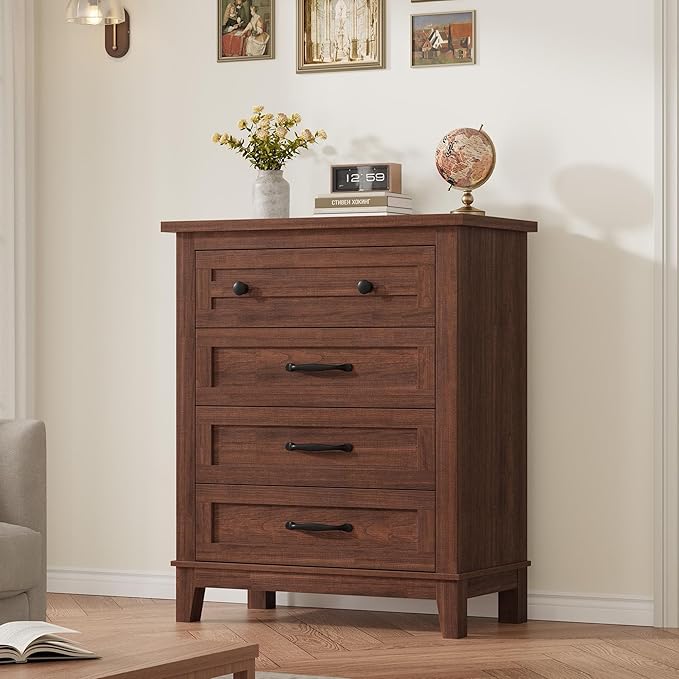 GarveeHome 4 Dresser for Bedroom, 34.8" Tall Vertical Drawer Dresser with Large Storage, Freestanding Wooden Closet Chest for Bedroom, Living Room, Walunt